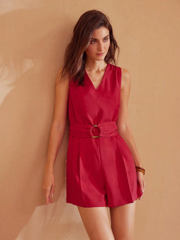 MOTF PREMIUM SOLID V-NECK RING RUCHED DETAIL FOLD PLEATED ROMPER