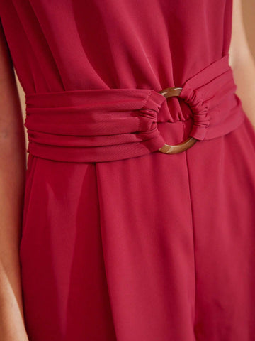 MOTF PREMIUM SOLID V-NECK RING RUCHED DETAIL FOLD PLEATED ROMPER