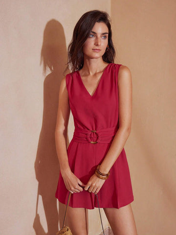 MOTF PREMIUM SOLID V-NECK RING RUCHED DETAIL FOLD PLEATED ROMPER