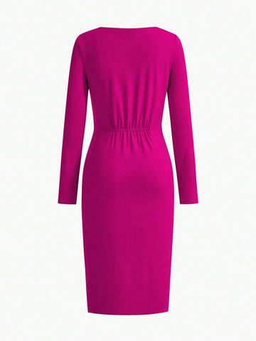 MOTF PREMIUM SOLID V-NECK RUCHED DRAPED DRESS