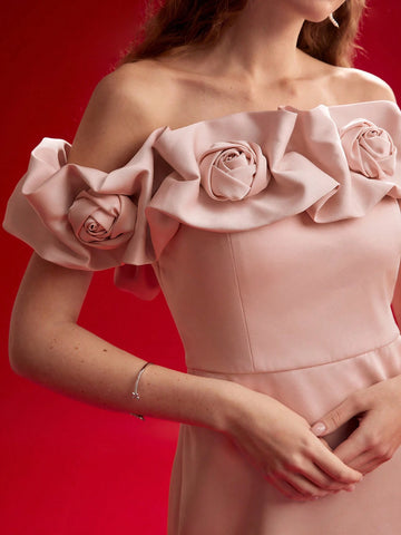 MOTF PREMIUM STEREO FLORAL OFF SHOULDER DRESS,VALENTINE'S DAY OUTFIT