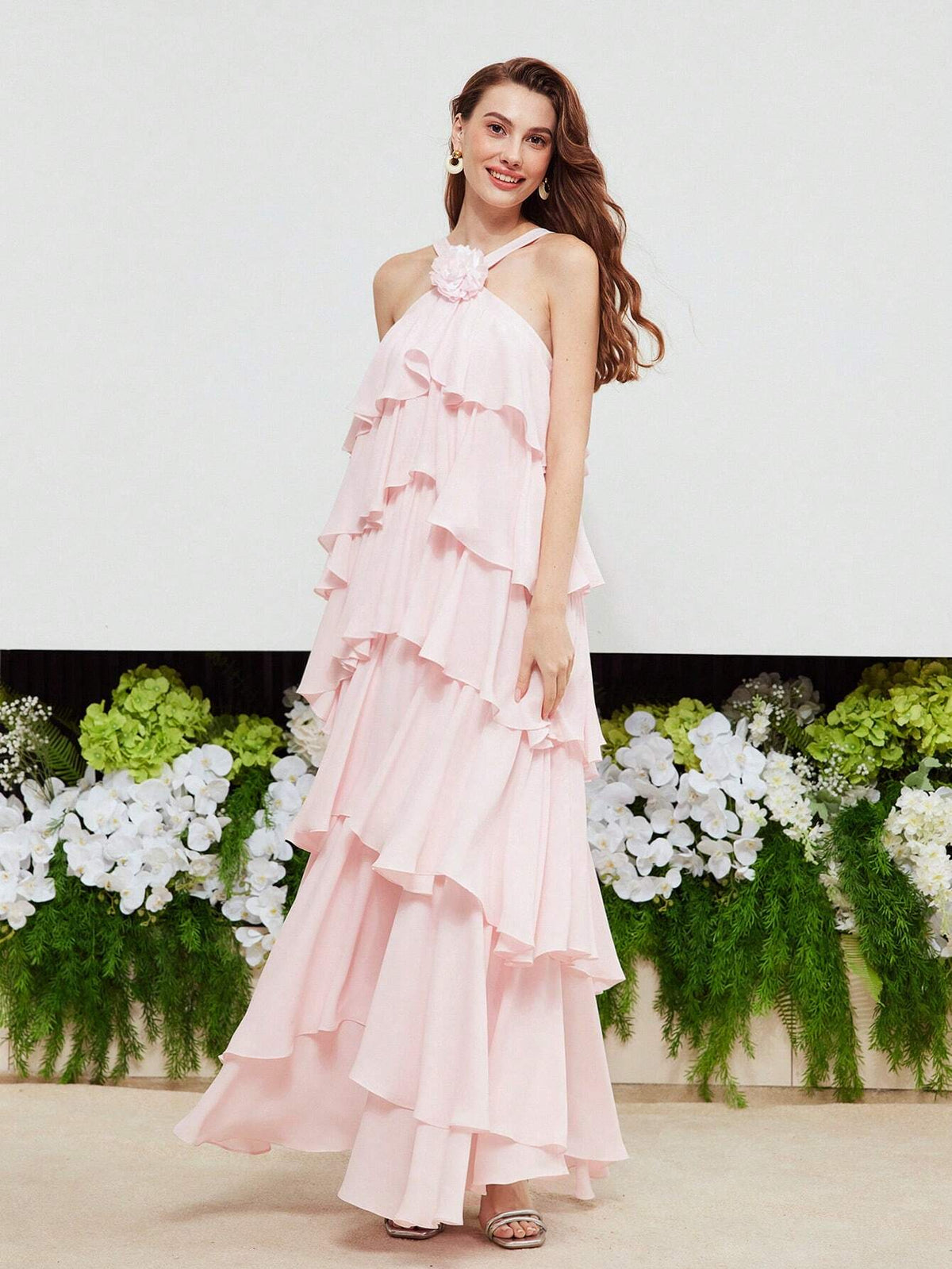 STEREO FLOWER DETAIL LAYERED RUFFLE HEM HALTER DRESS