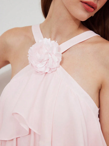 STEREO FLOWER DETAIL LAYERED RUFFLE HEM HALTER DRESS