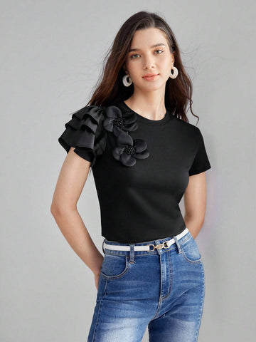 MOTF PREMIUM STEREO FLOWER DETAIL LAYERED SLEEVE TEE
