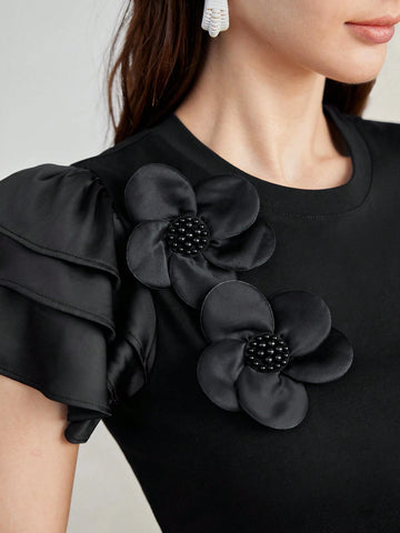 MOTF PREMIUM STEREO FLOWER DETAIL LAYERED SLEEVE TEE