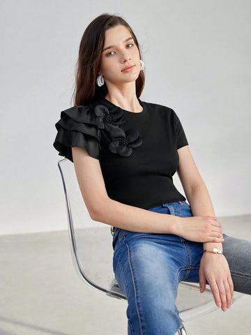 MOTF PREMIUM STEREO FLOWER DETAIL LAYERED SLEEVE TEE