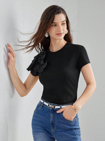 MOTF PREMIUM STEREO FLOWER DETAIL LAYERED SLEEVE TEE