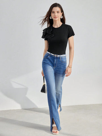 MOTF PREMIUM STEREO FLOWER DETAIL LAYERED SLEEVE TEE