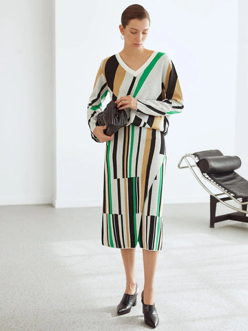 MOTF PREMIUM STRIPED KNIT MIDI SKIRT