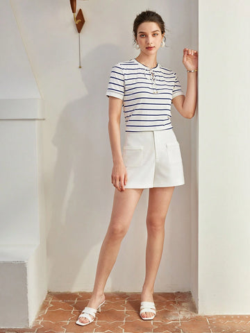 MOTF PREMIUM STRIPED PRINT LACE UP FRONT TEE