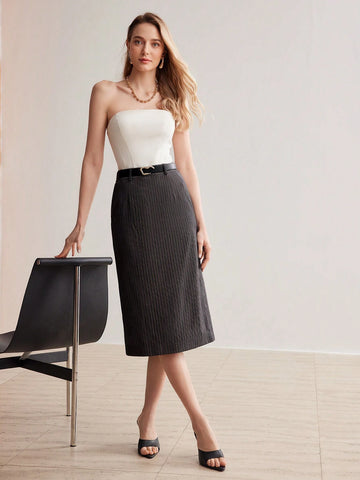 MOTF PREMIUM STRIPED PRINT SLANT POCKET STRAIGHT SKIRT