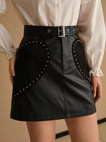 MOTF PREMIUM STUDDED DETAIL HEART PATTERN BUCKLE BELTED STRAIGHT SKIRT