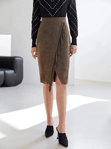 MOTF PREMIUM SUEDETTE FRINGE WRAP SKIRT