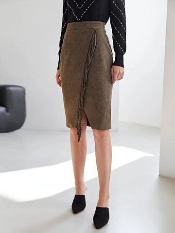 MOTF PREMIUM SUEDETTE FRINGE WRAP SKIRT