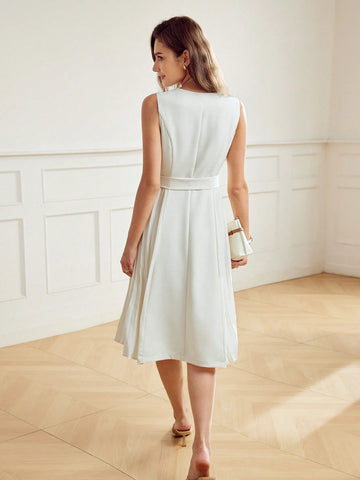MOTF PREMIUM SURPLICE NECK DOUBLE BREASTED PLACKET PLEATED PANEL BUCKLE BELTED DRESS