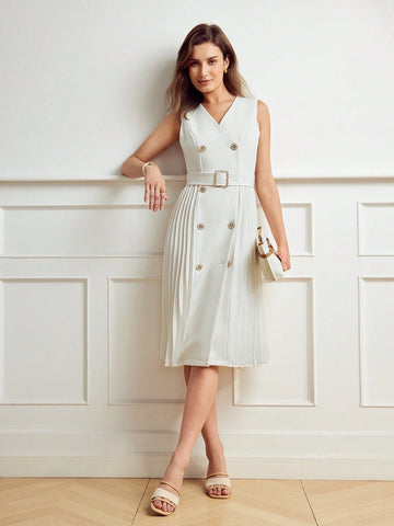 MOTF PREMIUM SURPLICE NECK DOUBLE BREASTED PLACKET PLEATED PANEL BUCKLE BELTED DRESS
