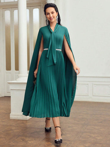 MOTF PREMIUM TIE NECK CLOAK SLEEVE PLEATED HEM DRESS