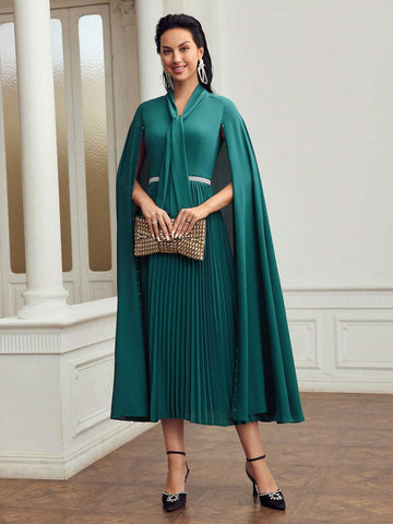 MOTF PREMIUM TIE NECK CLOAK SLEEVE PLEATED HEM DRESS