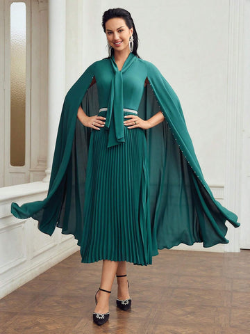 MOTF PREMIUM TIE NECK CLOAK SLEEVE PLEATED HEM DRESS