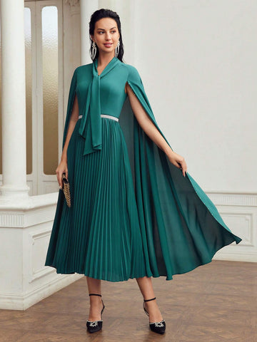 MOTF PREMIUM TIE NECK CLOAK SLEEVE PLEATED HEM DRESS