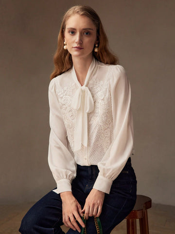 MOTF PREMIUM TIE NECK LANTERN SLEEVE APPLIQUES DETAIL LACE TRIM BLOUSE