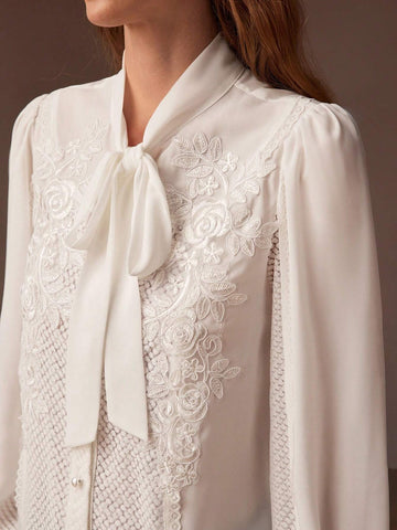 MOTF PREMIUM TIE NECK LANTERN SLEEVE APPLIQUES DETAIL LACE TRIM BLOUSE