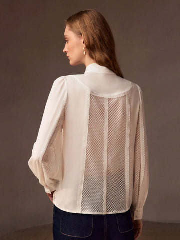 MOTF PREMIUM TIE NECK LANTERN SLEEVE APPLIQUES DETAIL LACE TRIM BLOUSE