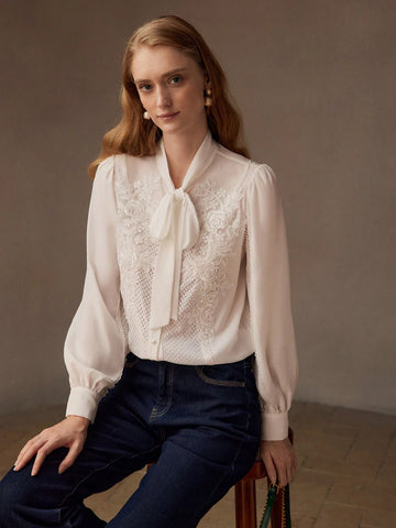 MOTF PREMIUM TIE NECK LANTERN SLEEVE APPLIQUES DETAIL LACE TRIM BLOUSE