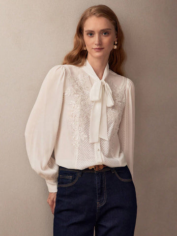MOTF PREMIUM TIE NECK LANTERN SLEEVE APPLIQUES DETAIL LACE TRIM BLOUSE