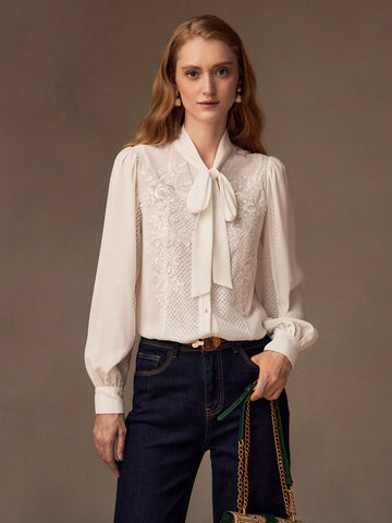 MOTF PREMIUM TIE NECK LANTERN SLEEVE APPLIQUES DETAIL LACE TRIM BLOUSE