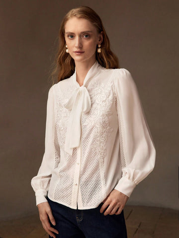 MOTF PREMIUM TIE NECK LANTERN SLEEVE APPLIQUES DETAIL LACE TRIM BLOUSE
