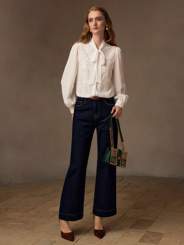 MOTF PREMIUM TIE NECK LANTERN SLEEVE APPLIQUES DETAIL LACE TRIM BLOUSE