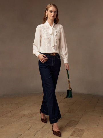MOTF PREMIUM TIE NECK LANTERN SLEEVE APPLIQUES DETAIL LACE TRIM BLOUSE