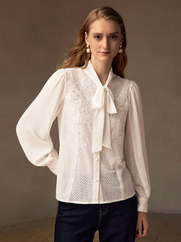 MOTF PREMIUM TIE NECK LANTERN SLEEVE APPLIQUES DETAIL LACE TRIM BLOUSE