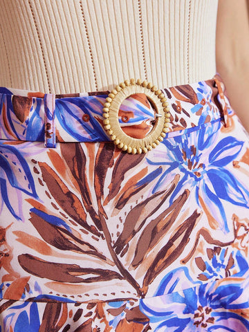 MOTF PREMIUM TROPICAL PRINT BUCKLE BELTED LAYERED RUFFLE HEM SKIRT