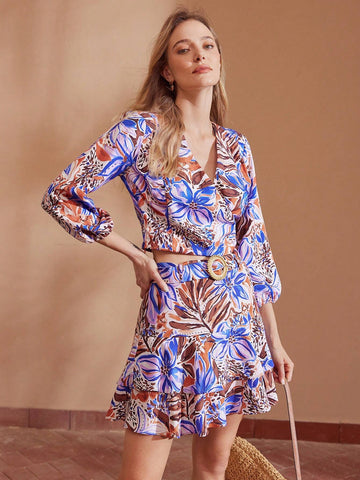 MOTF PREMIUM TROPICAL PRINT BUCKLE BELTED LAYERED RUFFLE HEM SKIRT