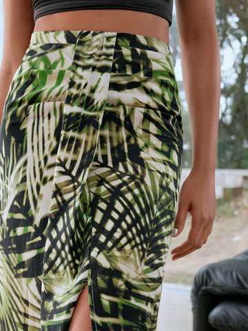 MOTF PREMIUM TROPICAL PRINT DRAPED SPLIT THIGH SKIRT