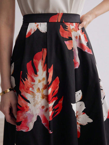 MOTF PREMIUM TROPICAL PRINT ZIPPER SIDE FLARE LONG SKIRT