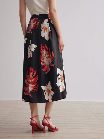 MOTF PREMIUM TROPICAL PRINT ZIPPER SIDE FLARE LONG SKIRT