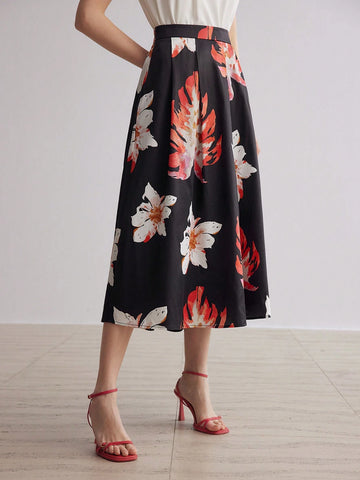 MOTF PREMIUM TROPICAL PRINT ZIPPER SIDE FLARE LONG SKIRT