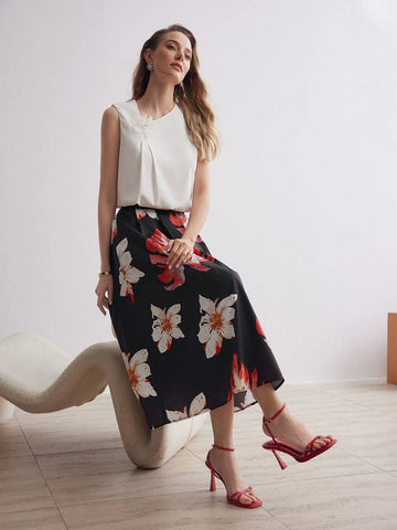 MOTF PREMIUM TROPICAL PRINT ZIPPER SIDE FLARE LONG SKIRT