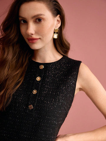 MOTF PREMIUM TWEED BUTTON DECOR SLEEVELESS DRESS