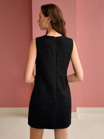 MOTF PREMIUM TWEED BUTTON DECOR SLEEVELESS DRESS