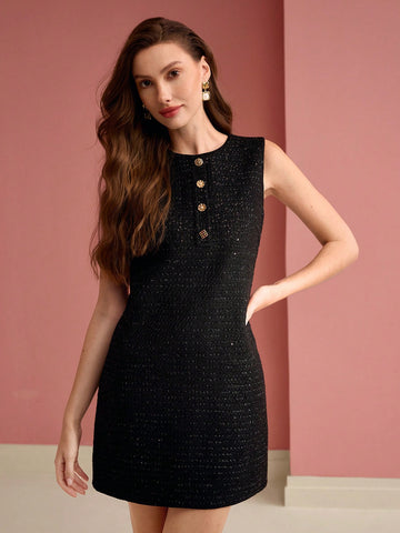 MOTF PREMIUM TWEED BUTTON DECOR SLEEVELESS DRESS