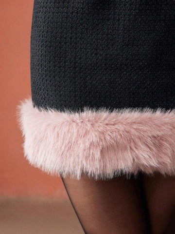 MOTF PREMIUM TWEED CONTRAST FUZZY HEM SHORT DRESS WITHOUT BELT