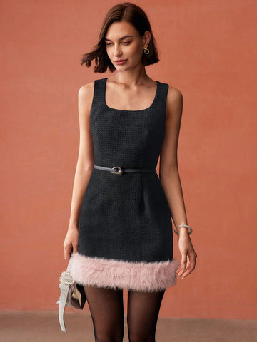 MOTF PREMIUM TWEED CONTRAST FUZZY HEM SHORT DRESS WITHOUT BELT