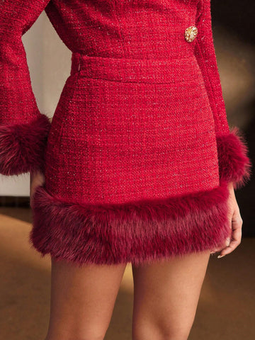 MOTF PREMIUM TWEED FAUX FUR HEM SKIRT