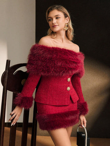 MOTF PREMIUM TWEED FAUX FUR HEM SKIRT