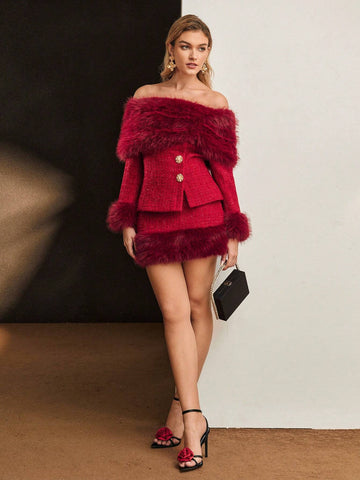 MOTF PREMIUM TWEED FAUX FUR HEM SKIRT