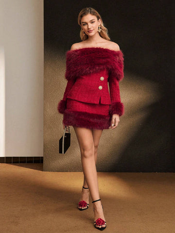 MOTF PREMIUM TWEED FAUX FUR HEM SKIRT